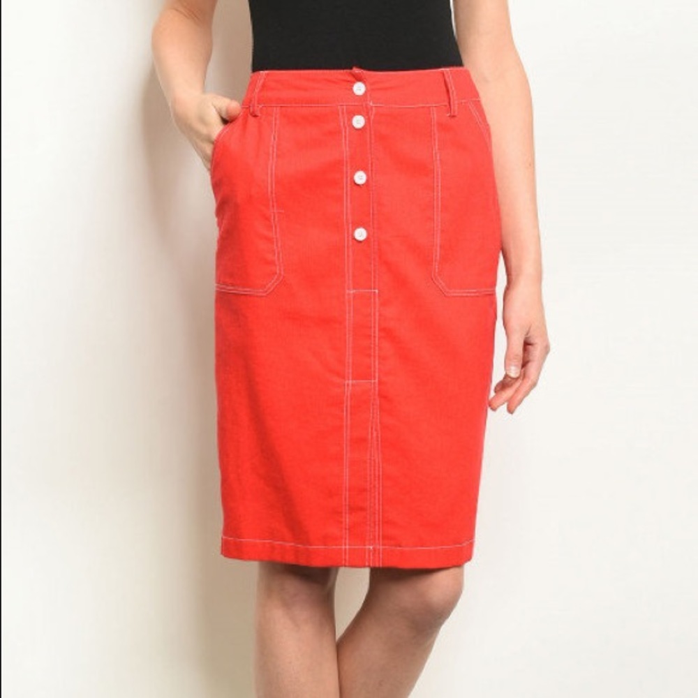 SALE Red Soft Denim Linen Pencil Skirt Button Up Pockets Cotton S M L - Picture 11 of 15